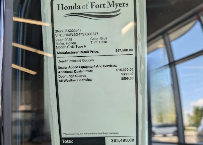 2025 Honda Civic Type R window sticker at the dealer