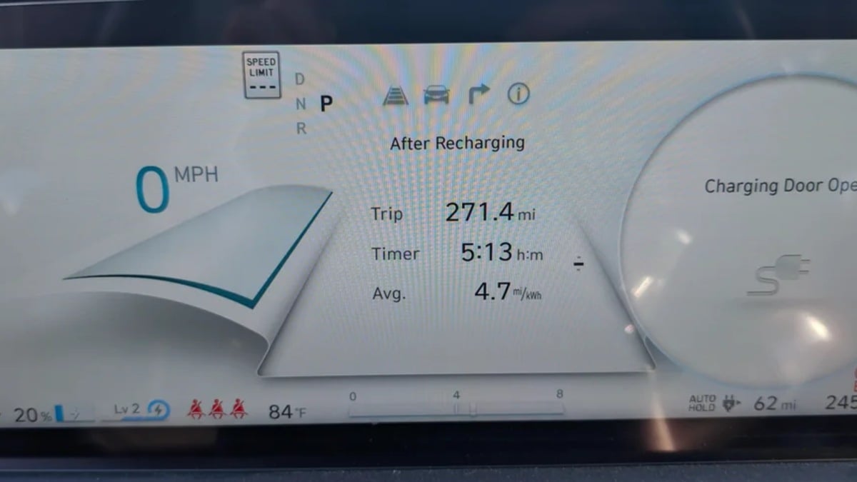 Digital dashboard display of an electric vehicle showing 0 MPH, 271.4 mile trip distance, 5:13 charging time, and 20% battery level.