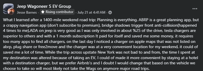 A user shares insights from a 1400-mile EV road trip, highlighting navigation, charging apps, and choosing accommodations.