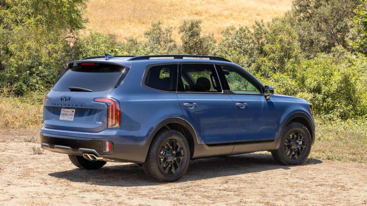 A blue 2025 Kia Telluride SUV shown from the rear three-quarter view, featuring black wheels and trim, photographed on a dirt path with green foliage in the background.