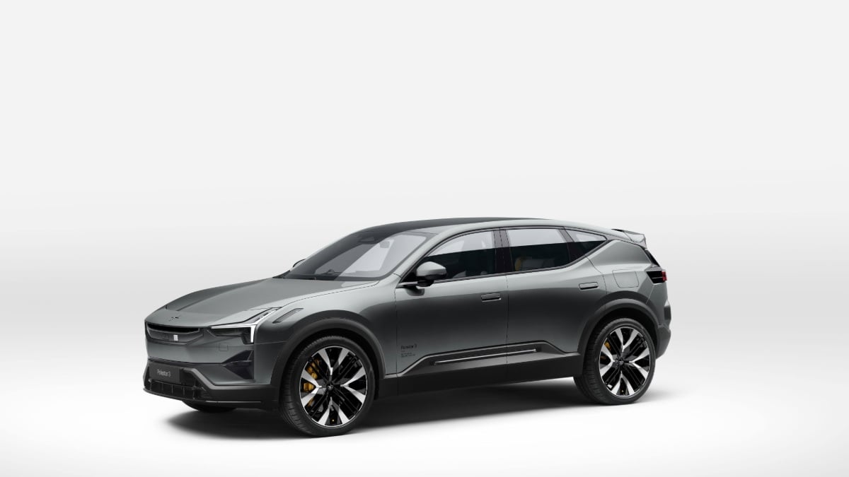 Sleek gray SUV with tinted windows and large alloy wheels on a white background.