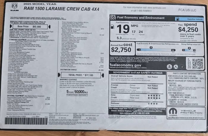 2025 Ram Laramie dealer window sticker with a $77,000 price