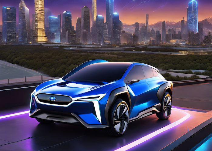 2025 Subaru EV in a city landscape