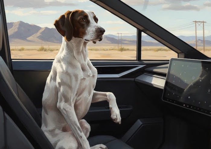 Jerry's pointer in the front seat of his Tesla Cybertruck