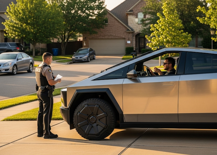 A new Tesla Cybertruck is pulled over by the Texas police