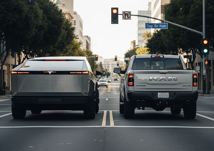 Dennis Jay at a stoplight in his Tesla Cybertruck next to a Ram truck