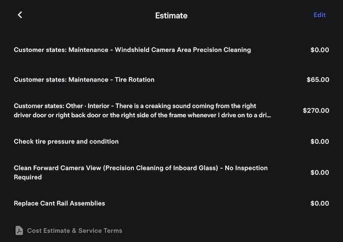 Tesla Cybertruck screen shot for Service repairs
