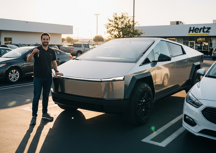 A renter is ready to take a Tesla Cybertruck for a drive   