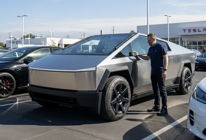 Cybertruck buyer looking at the truck on the dealer's lot