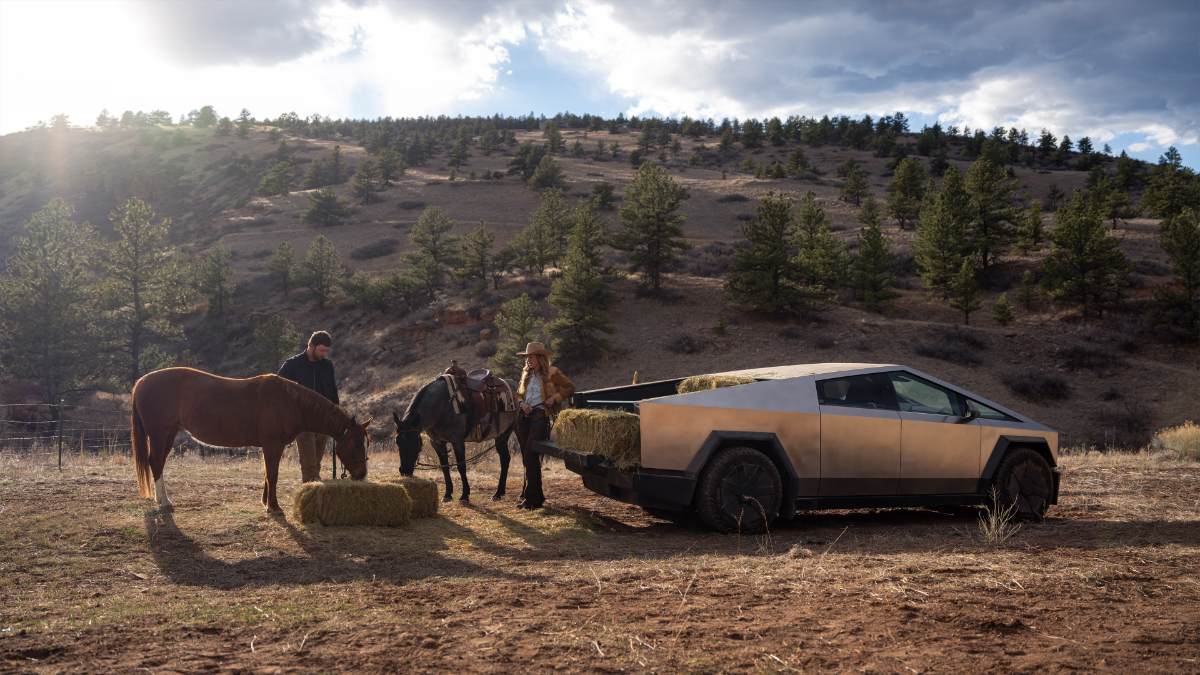 Silver Tesla Cybertruck parked on rural pasture with horses, pine forest and cloudy sky backdrop