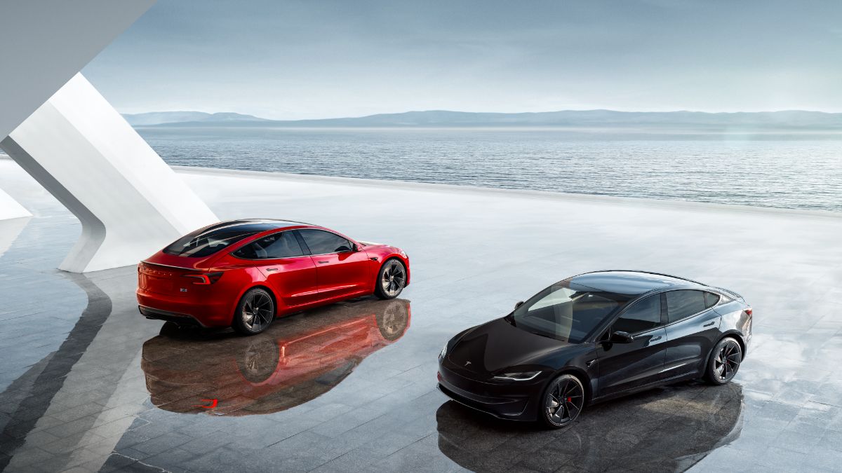 A red and a black Tesla Model 3 parked on a reflective surface by a serene waterfront, with modern architecture in the background.