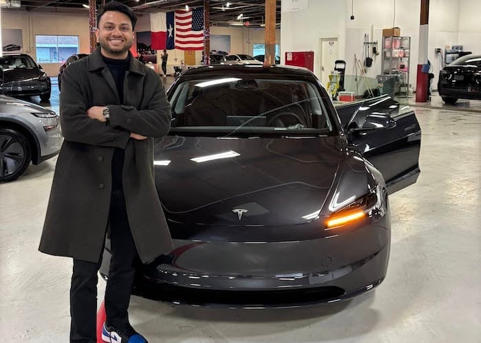 v and his 2025 Tesla Model 3