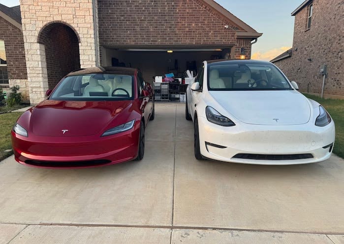 Samuel's 2025 Tesal Model 3 in the driveway with his wife's Tesla Model Y