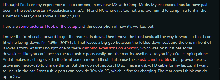 A person shares their solo camping experience in a Tesla Model 3, discussing seat adjustments and charging options for devices.