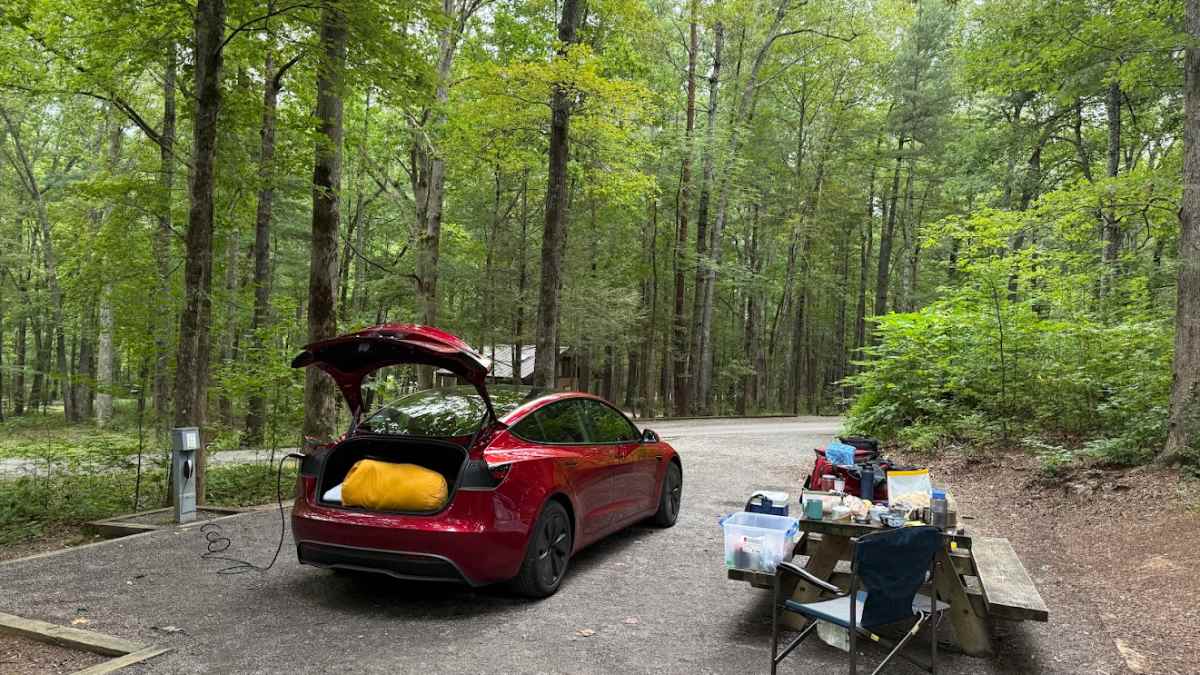 A red Tesla parked in a wooded campground with an open trunk revealing camping gear, surrounded by picnic tables and lush greenery.