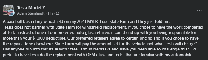 A Facebook post detailing issues with windshield replacement for a Tesla Model Y through State Farm insurance.