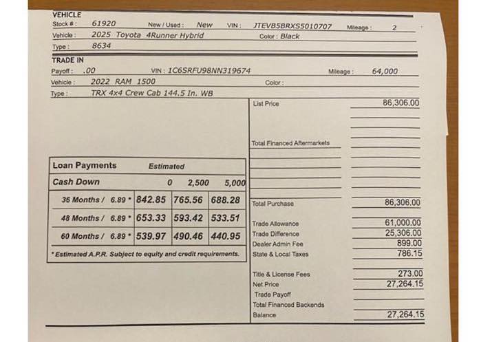 2025 Toyota 4Runner with Matthew Tally's trade in sales quote