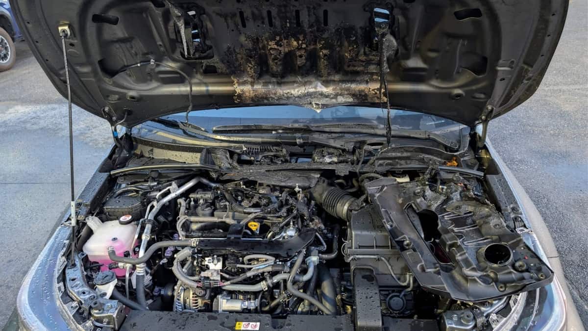 The aftermath of an engine bay fire, in a 2025 Toyota GR Corolla