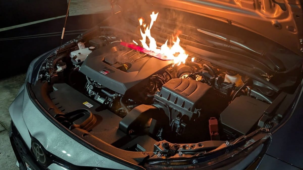 2025 Toyota GR Corolla engine fire from the rear of the engine bay