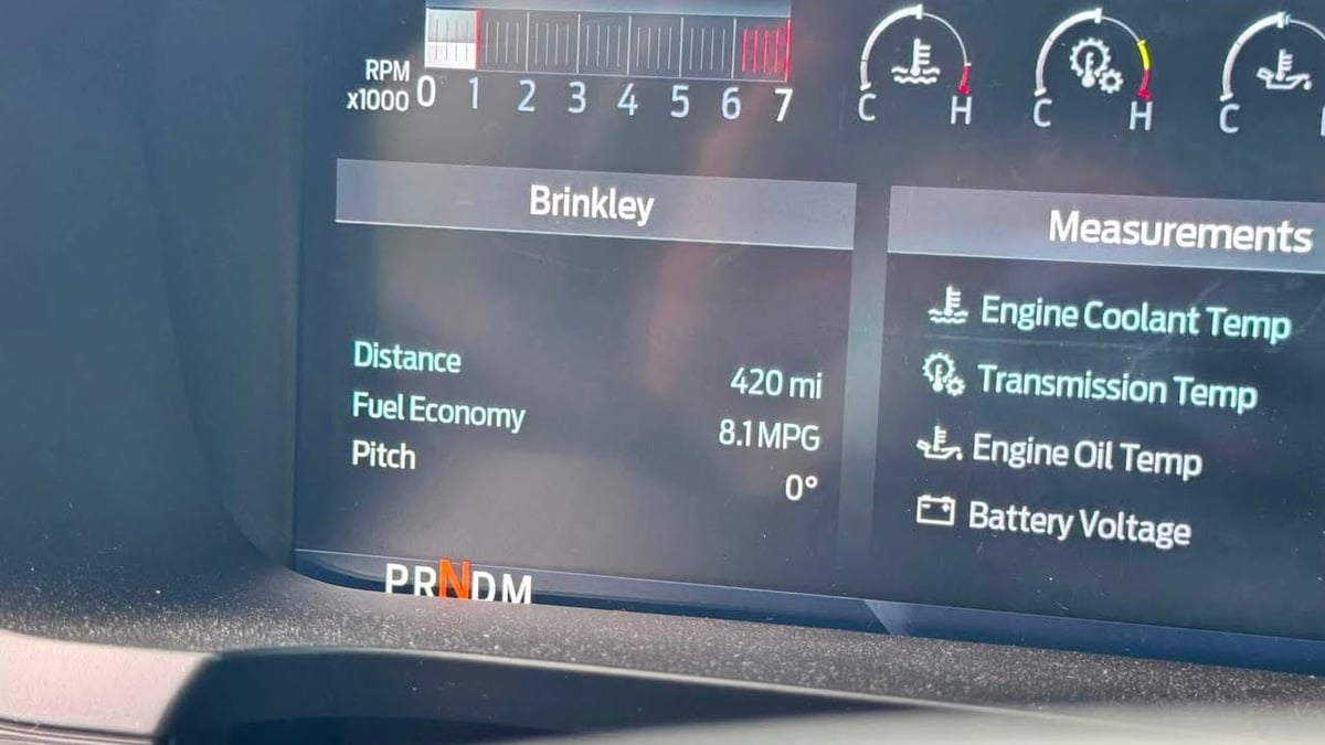 2025 Ford F-150 PowerBoost gauge showing real-world 8.1 mpg on a 420 mile trip