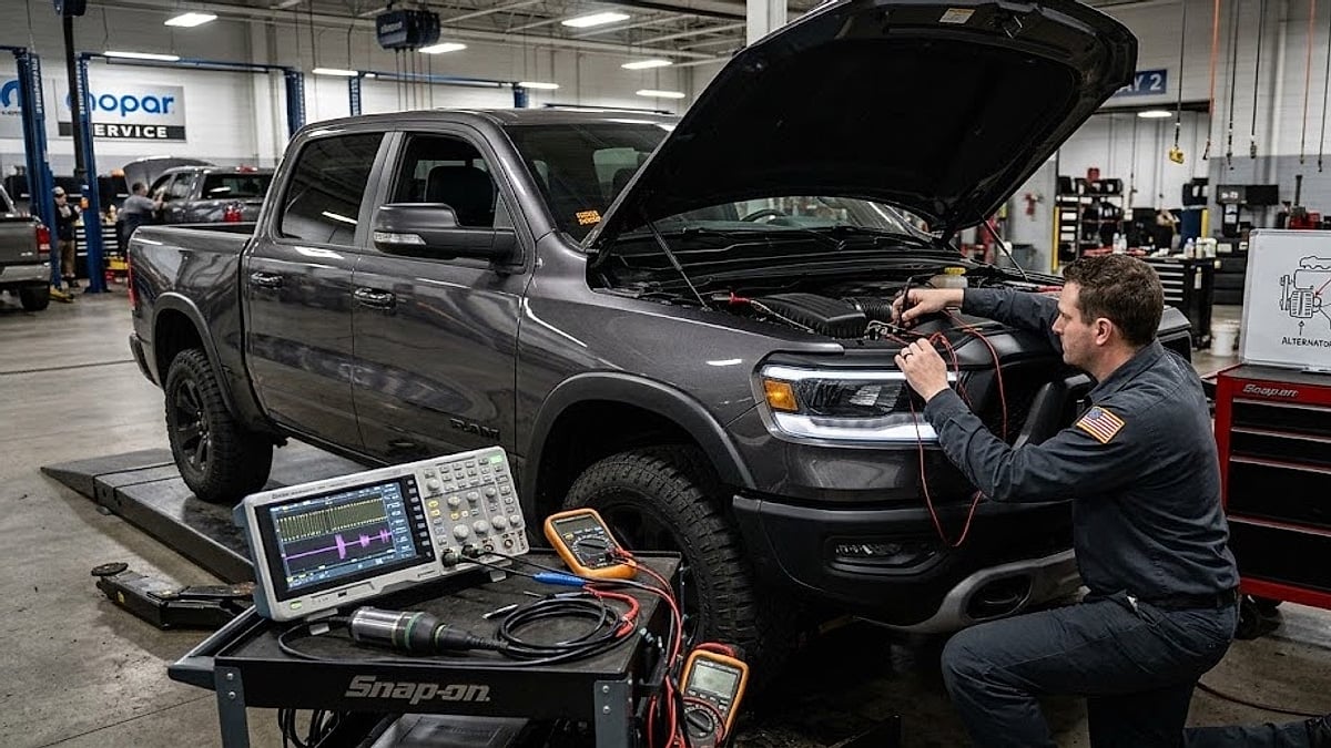 2025 Ram 1500 Rebel undergoes advanced electrical system diagnostics by a factory field technician in a dealership service bay
