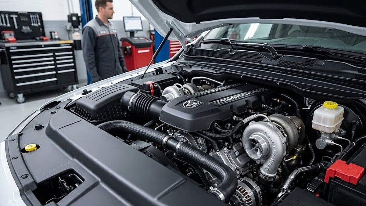 2025 Ram 1500 twin-turbo Hurricane inline-six engine undergoing diagnostic inspection inside a dealership service bay with a technician