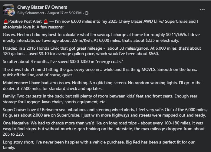 A social media post detailing experience and savings with a 2025 Chevy Blazer EV, including gas vs. electric costs and family comfort.