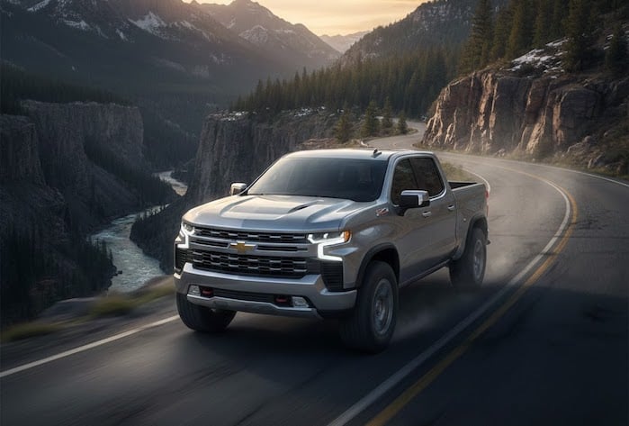 2026 Chevy Silverado on a mountain road