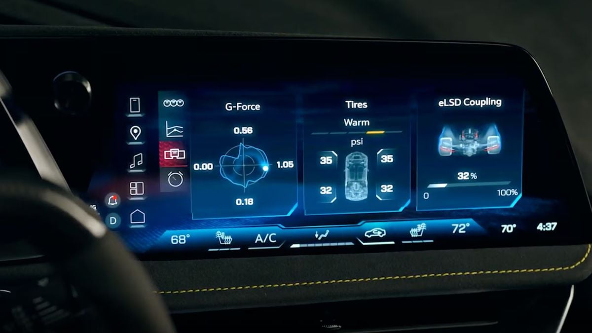 A 2026 Corvette Stingray dashboard displays digital metrics: G-Force at 0.56, tire pressure at 35 psi, eLSD coupling at 32%, with a sleek modern design.