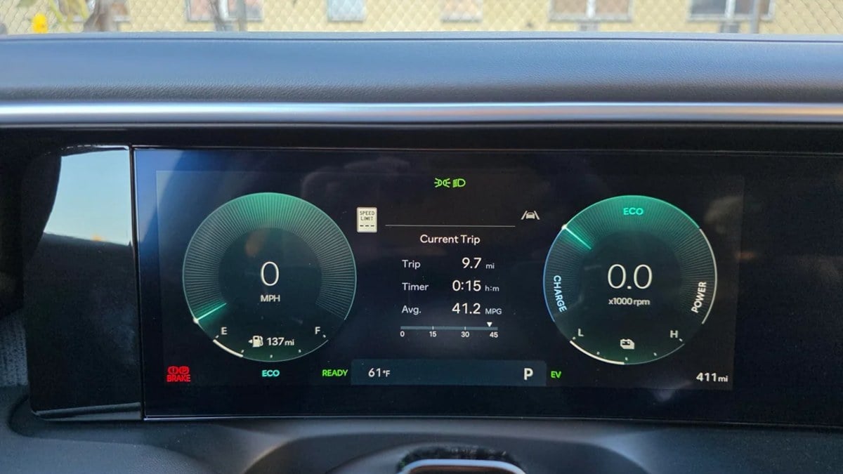 Modern digital instrument cluster showing eco mode, 0 MPH, 41.2 MPG average, 137-mile range, and trip details on black display screen.