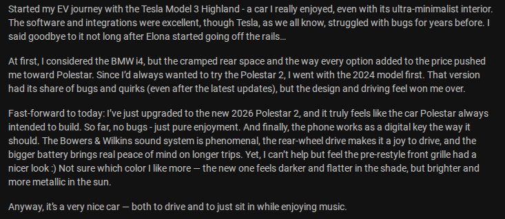 User shares their journey from Tesla to Polestar, highlighting enjoyment, features, and sound system of the new 2026 model.