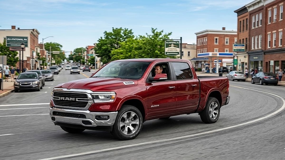 2026 Ram 1500 Big Horn driving in Allentown, PA, as part of an investigative report by journalist Denis Flierl
