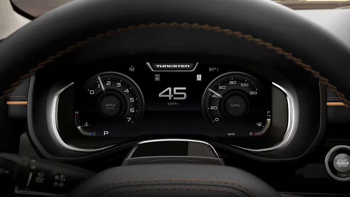 Dashboard of a 2026 Ram 1500 showing digital speedometer reading 45 MPH, flanked by RPM and speed dials. The panel includes "Tungsten" branding.