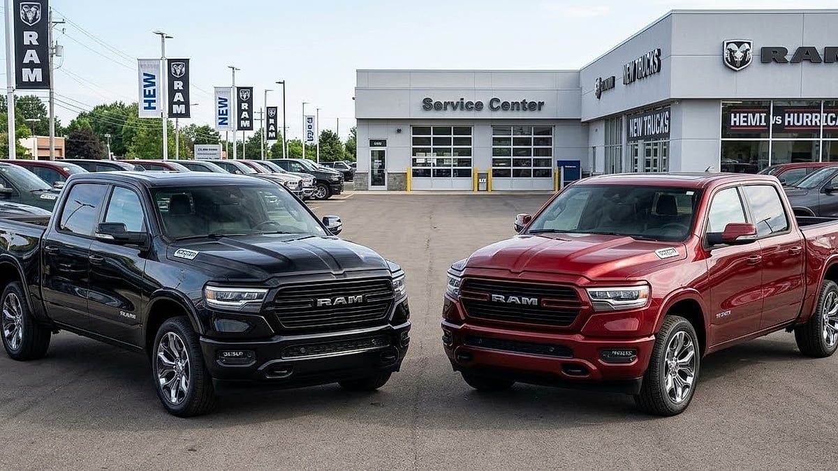 2026 Ram 1500 Hemi V8 and 3.0 Hurricane twin-turbo trucks side-by-side at a dealership
