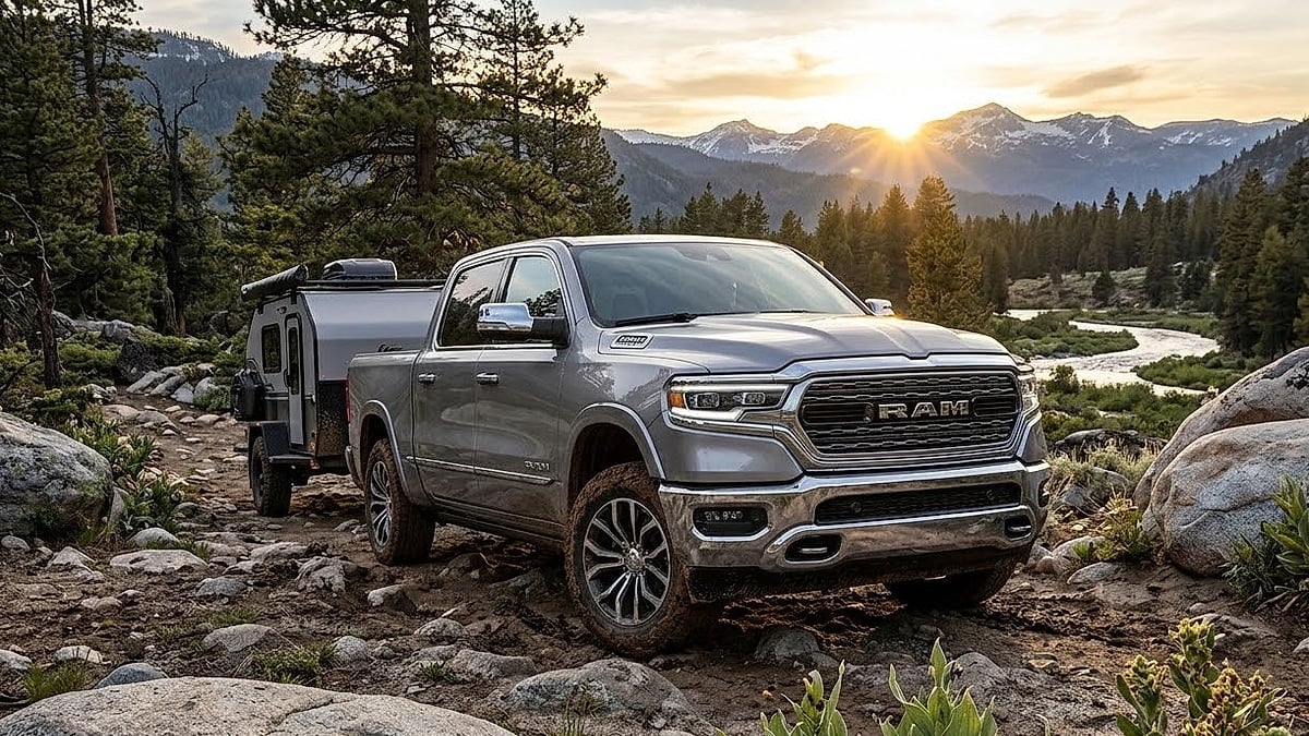 2026 Ram Limited pickup truck towing an off-road camper through a rugged mountain trail at sunset