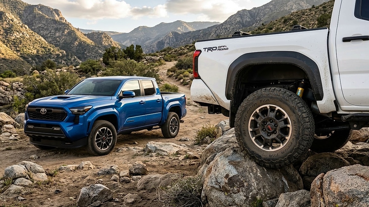 2026 Tacoma TRD Off-Road articulating over rocks, highlighting the compression of its specialized Bilstein monotube shocks for superior trail performance