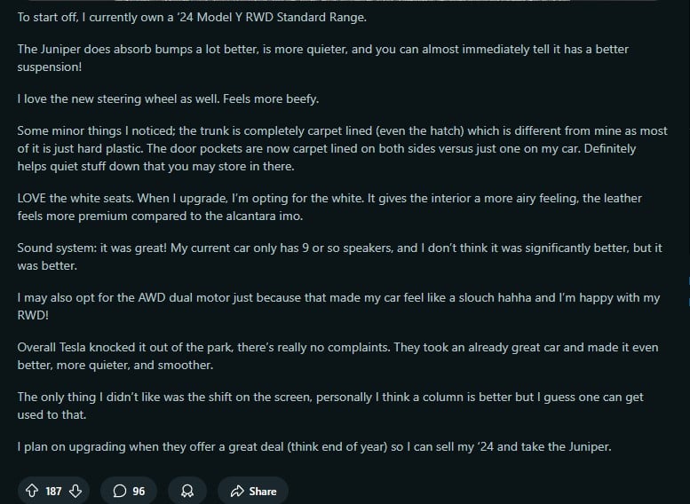 A user shares their positive review of the 2024 Tesla Model Y, highlighting its improved features, quieter ride, and premium interior.