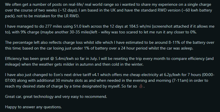 User shares real-world electric vehicle efficiency data, detailing 277 miles driven over 12 days with smart charging strategies and energy savings.