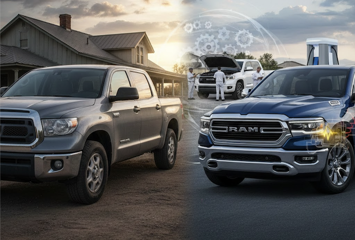 2026 Toyota Tundra and 2021 Ram side by side