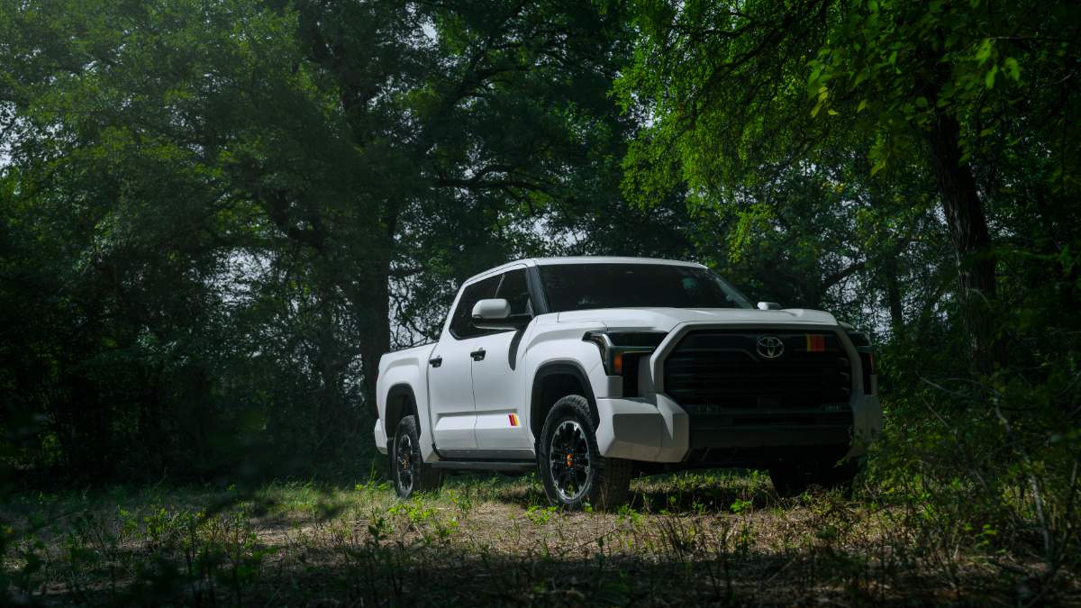 2026 Toyota Tundra in pearl white, photographed at three-quarter front angle in a wooded setting, featuring black trim and alloy wheels.
