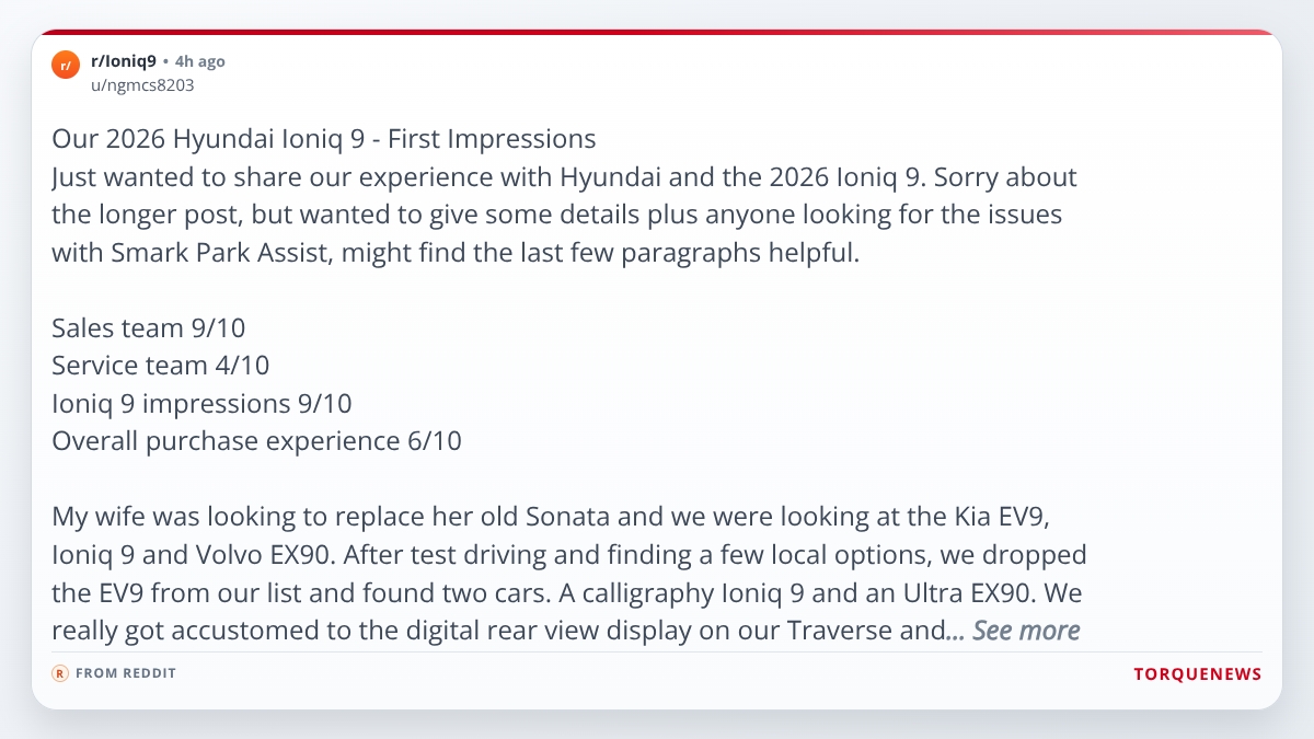 Screenshot of Reddit post reviewing the 2026 Hyundai Ioniq 9 with ratings for dealership sales, service team, and overall purchase experience