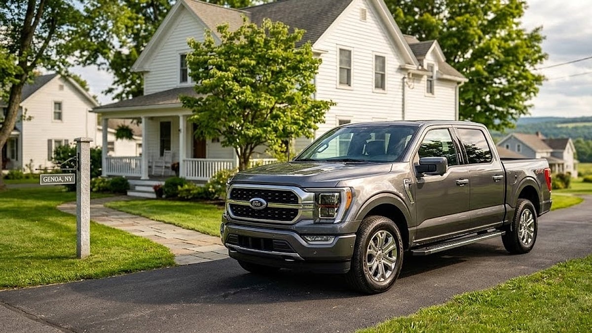 2026 Ford F-150 Lariat pickup truck parked in a residential driveway outside a suburban home in Genoa, New York