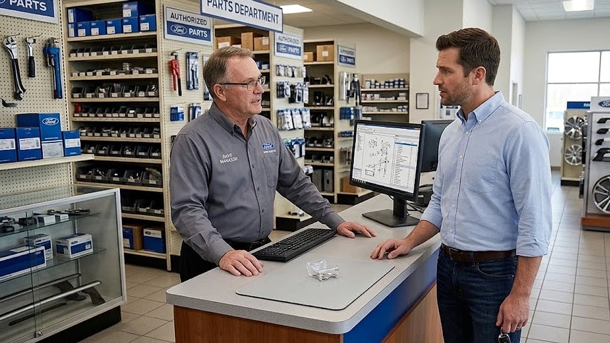 2026 Ford F-150 owner discussing trailer brake controller parts availability with a dealership parts manager at the service counter