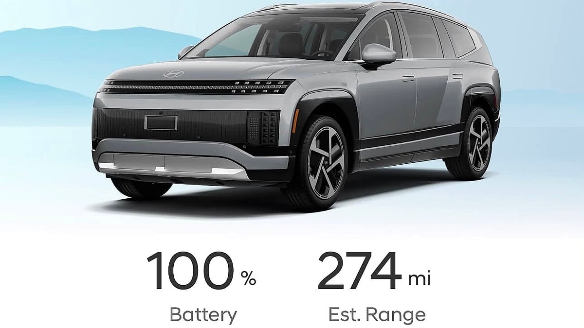 Hyundai app screen for a 2026 Ioniq 9 showing 100 percent battery and 274 miles of estimated range.