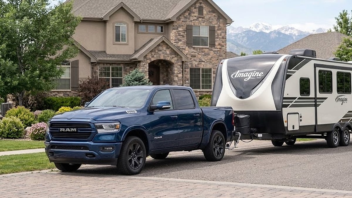 2026 Ram 1500 Big Horn hitched to a 7,500-pound travel trailer parked in a suburban Parker, Colorado neighborhood