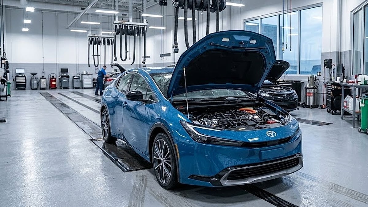 2026 Toyota Prius in the dealer's servcie bay for a rear door recall fix