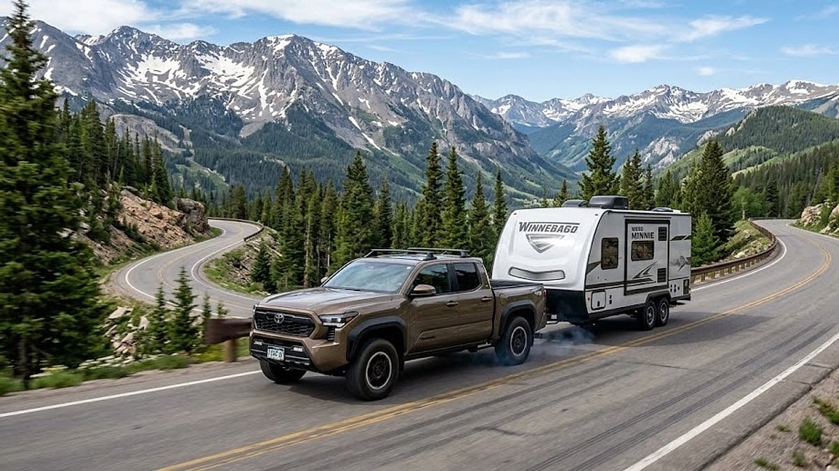 2026 Toyota Tacoma SR5 4x4 towing a 5,500-pound Winnebago RV trailer up a steep, high-altitude Colorado mountain pass