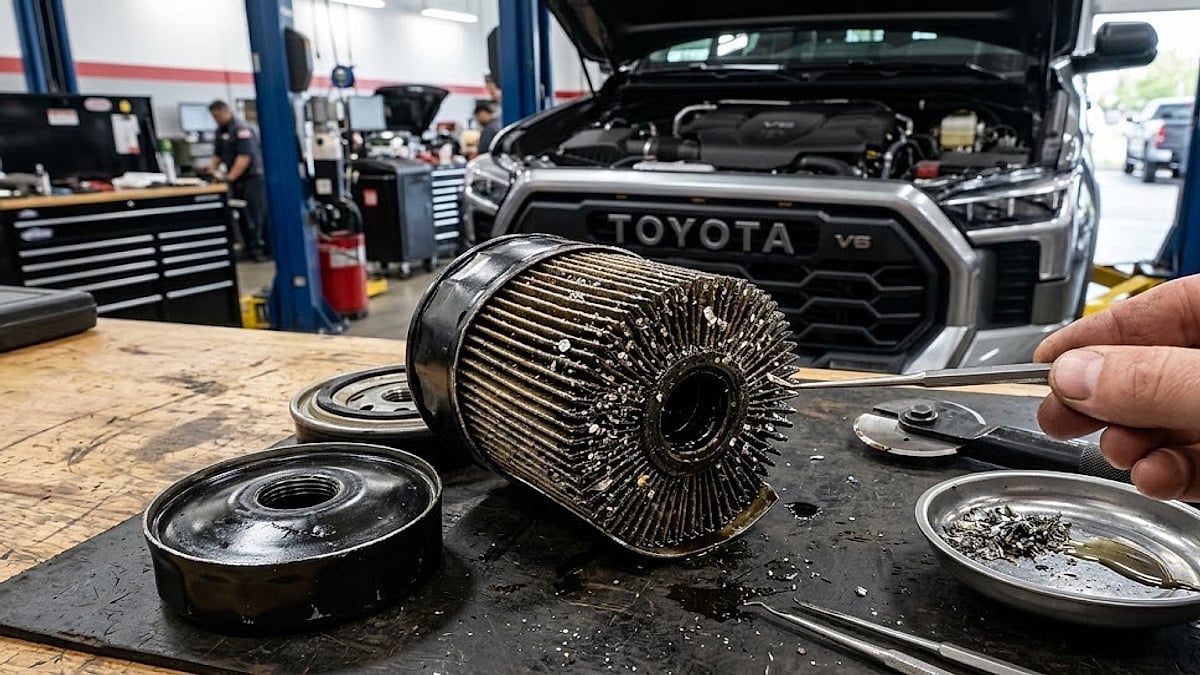 2026 Toyota Tundra engine investigation - Close-up forensic analysis of metal shavings and debris found inside a cut-open oil filter