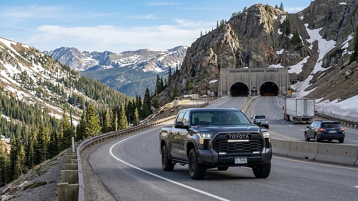 2026 Toyota Tundra on I-70 approaching the Eisenhower-Johnson Tunnels amidst snowy Rocky Mountains near Frisco, Colorado