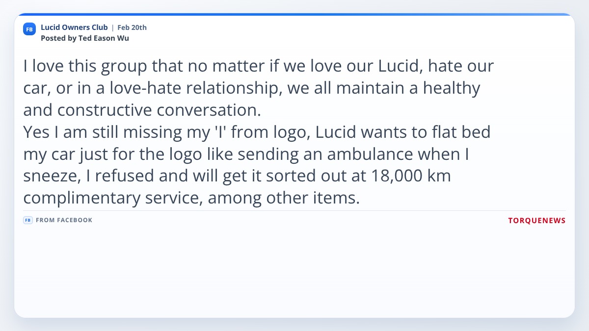 Screenshot of Lucid Owners Club Facebook group post discussing Lucid Air logo replacement and complimentary 18,000 km service.